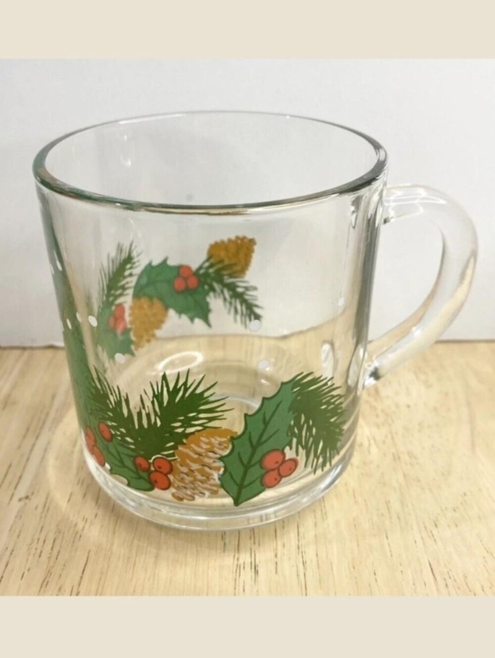 Vintage Libbey Christmas Holly Berry Glass Coffee Mug 10 oz